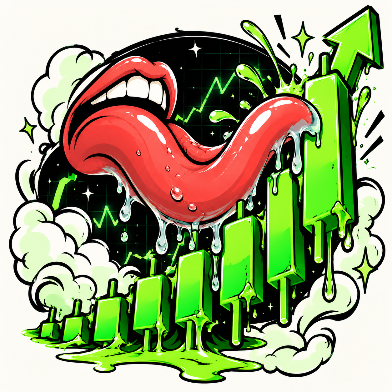 Glossy red cartoon tongue, lime price bars, upward arrow, splashes, and white clouds